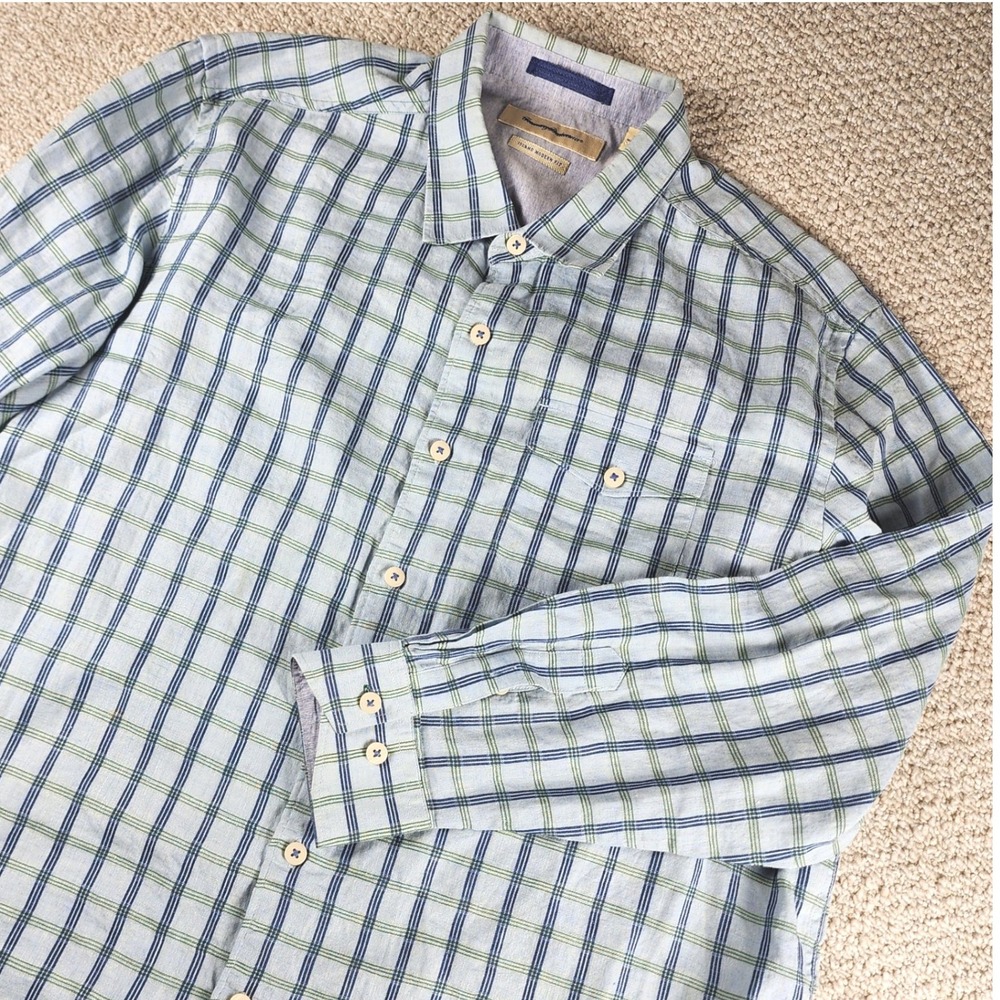 Tommy Bahama Shirt XL Plaid Linen Cotton Island Modern Fit Blue Green L/S